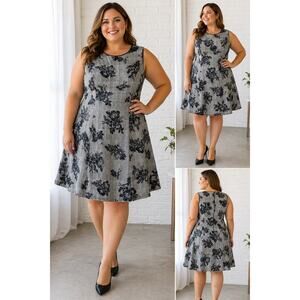 Sabrina Blue 3X Sleeveless Fit & Flare Dress Plaid Floral Navy Gray Knee Length